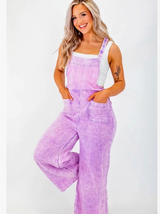 Zenana Outfitters Pants - Zenana Outfitters Lavender Acid Wash Wide-Leg Romper Overalls